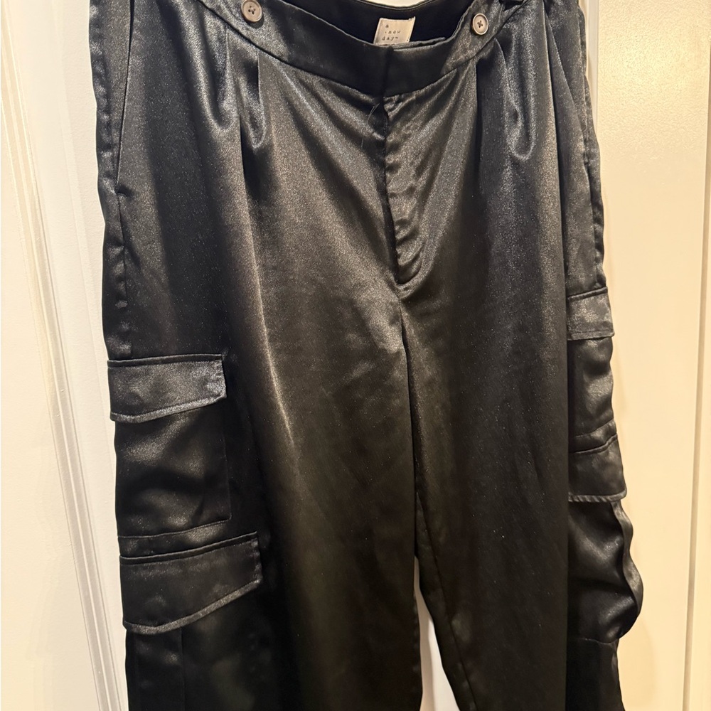 Women’s Black Satin Cargo Pants